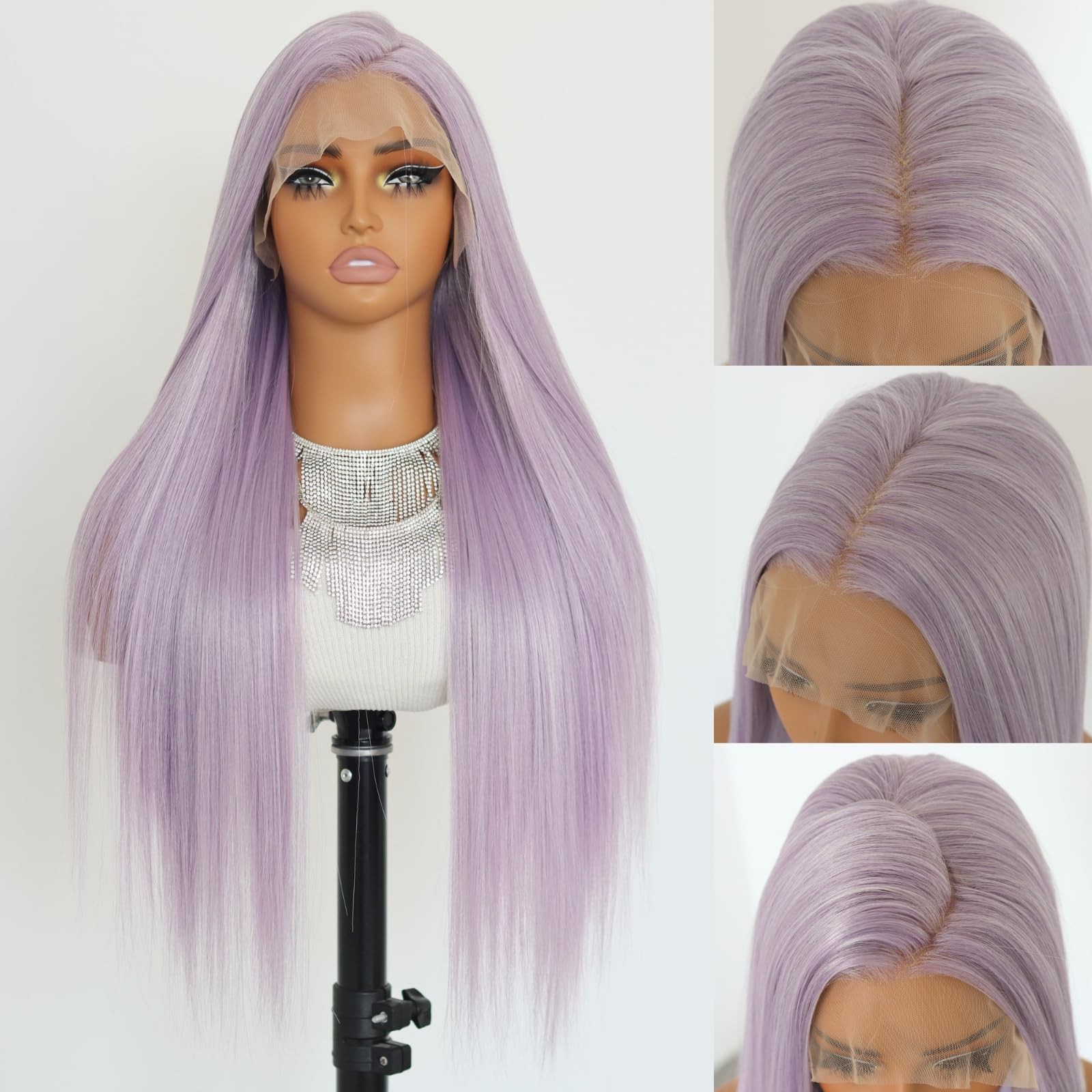 Sallywell Lavender Purple Synthetic Lace Front Wigs Long Straight Lavender 134