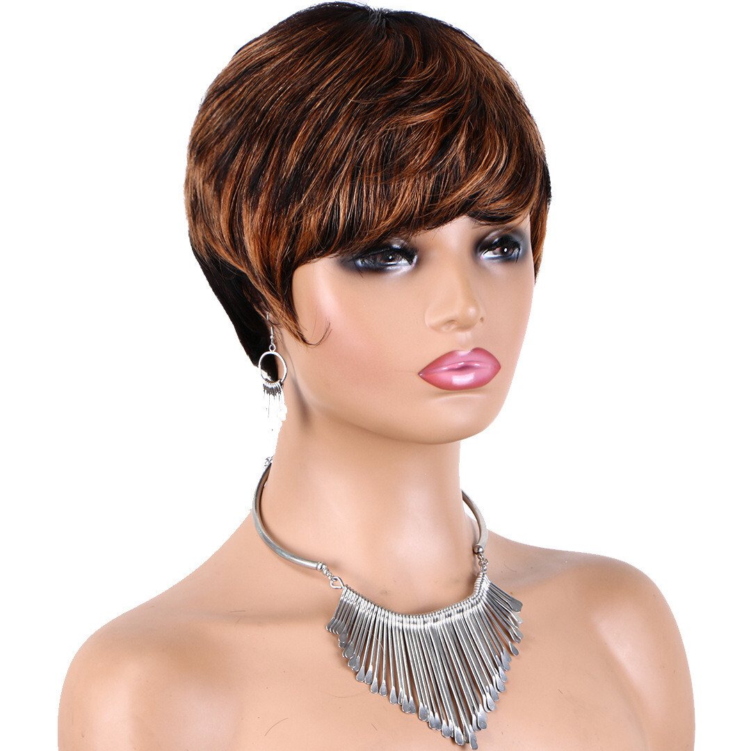 Pixie Cut Black Brown Blonde Mixed Wig Short Straight Human Hair Wig Glueless