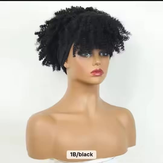 Women’s 6-Inch Short Kinky Coil Headband Wig, Natural Black Synthetic Wig