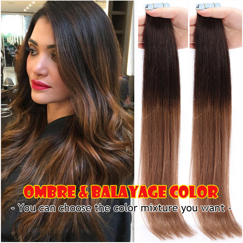 Ombre 150G Tape In Russian Remy Human Hair Extensions Full Head Skin Weft Blonde