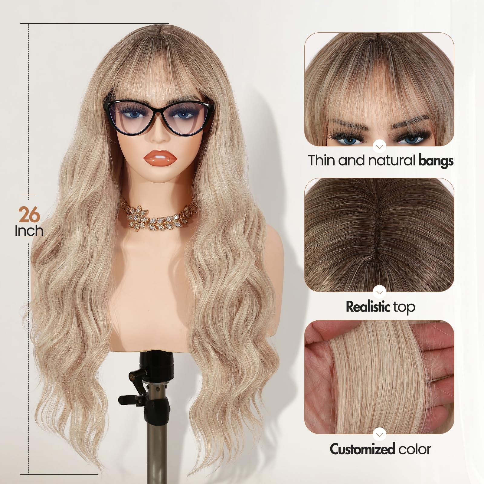 Strawberry Blonde Wig with Bangs T/Ash Blonde Ombre with Dark Roots Heat Resi…