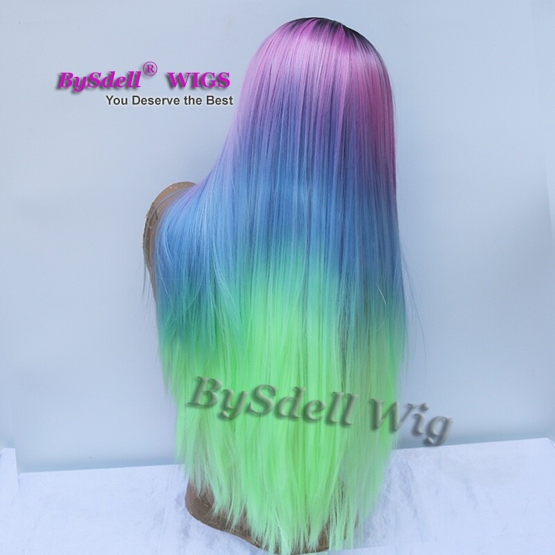 Synthetic long straight Pastel Ombre black pink blue green color Lace Front Wigs