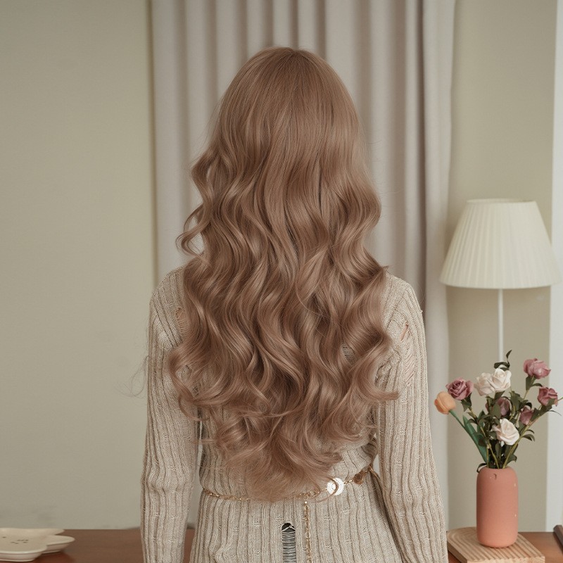 Summer Pink Gold Long Big Wave Curly Synthetic Full Head Wig for Women