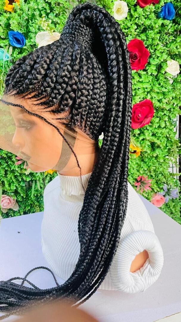PONYTAIL BRAIDED CONROW WIG ON 360 LACE CLOSURE BLACK 52″