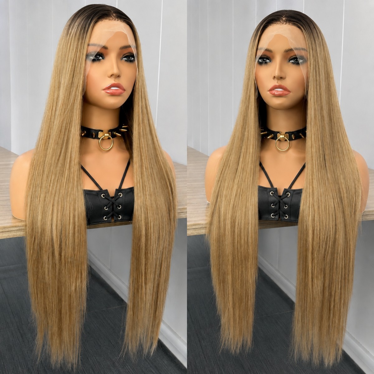 Layered Lace Frontal Wig Natural Long Straight Synthetic Hair Blended blonde