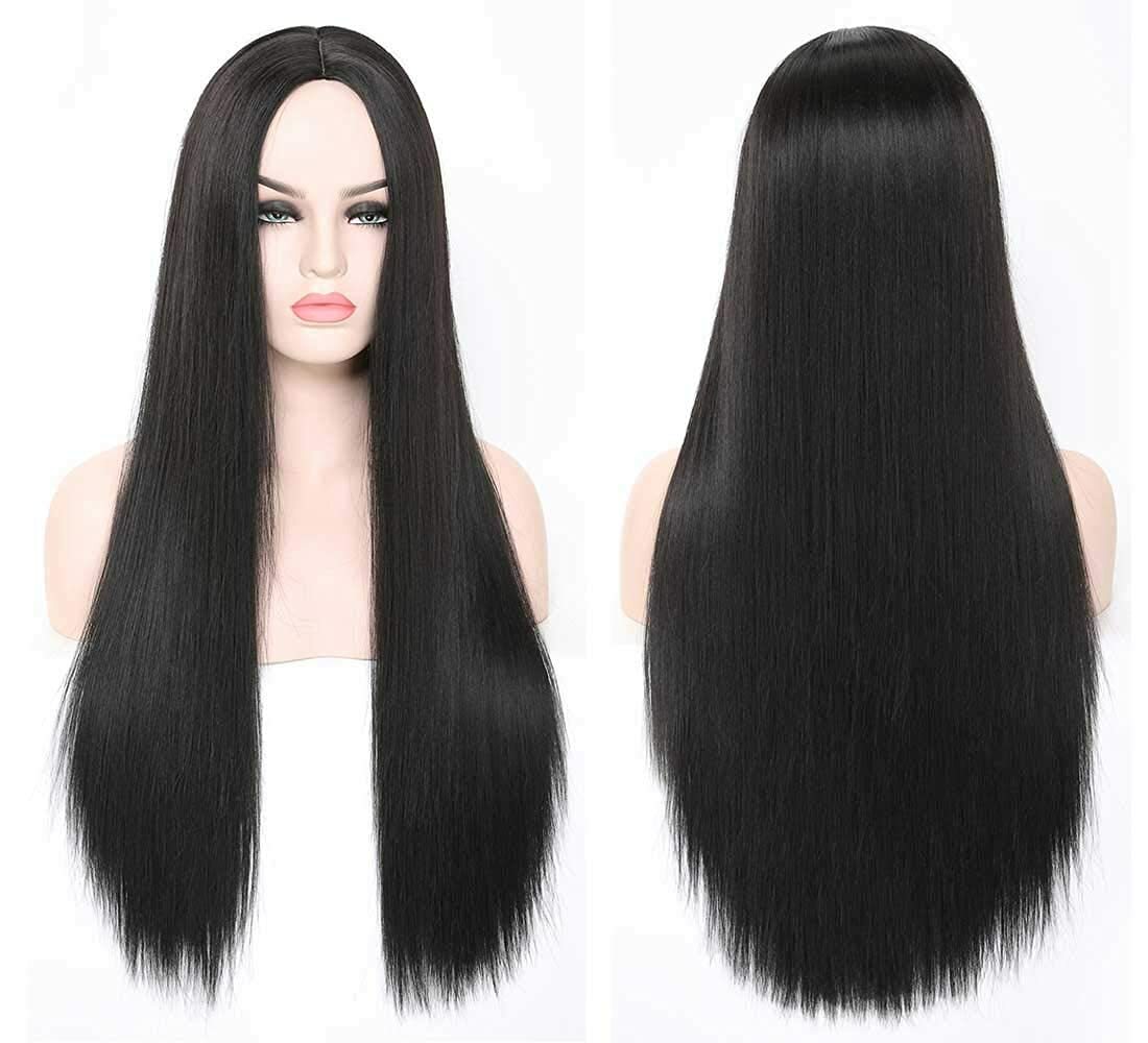 Women Black Long Straight Heat Resistant Human Hair Wig Natural Hairpiece NEW