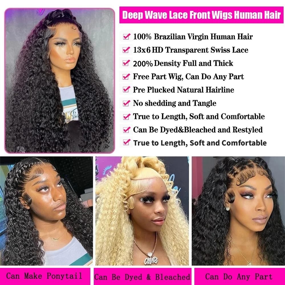 26-Inch Deep Wave Lace Wig – 200% Density Human Hair, Pre-Plucked Style