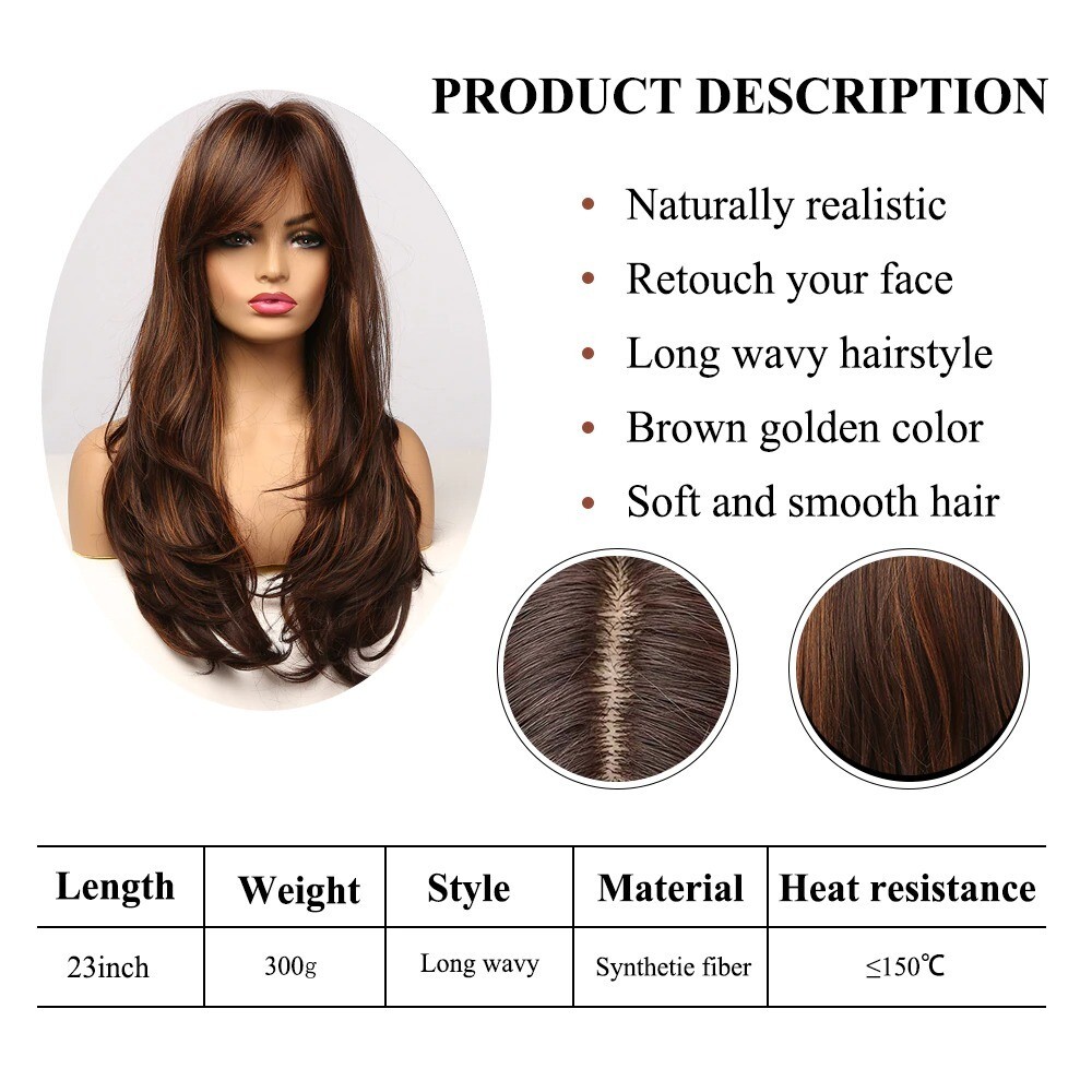 Black Brown Golden Highlight Wigs Long Wavy Synthetic Hair Wigs Womens hair Gift