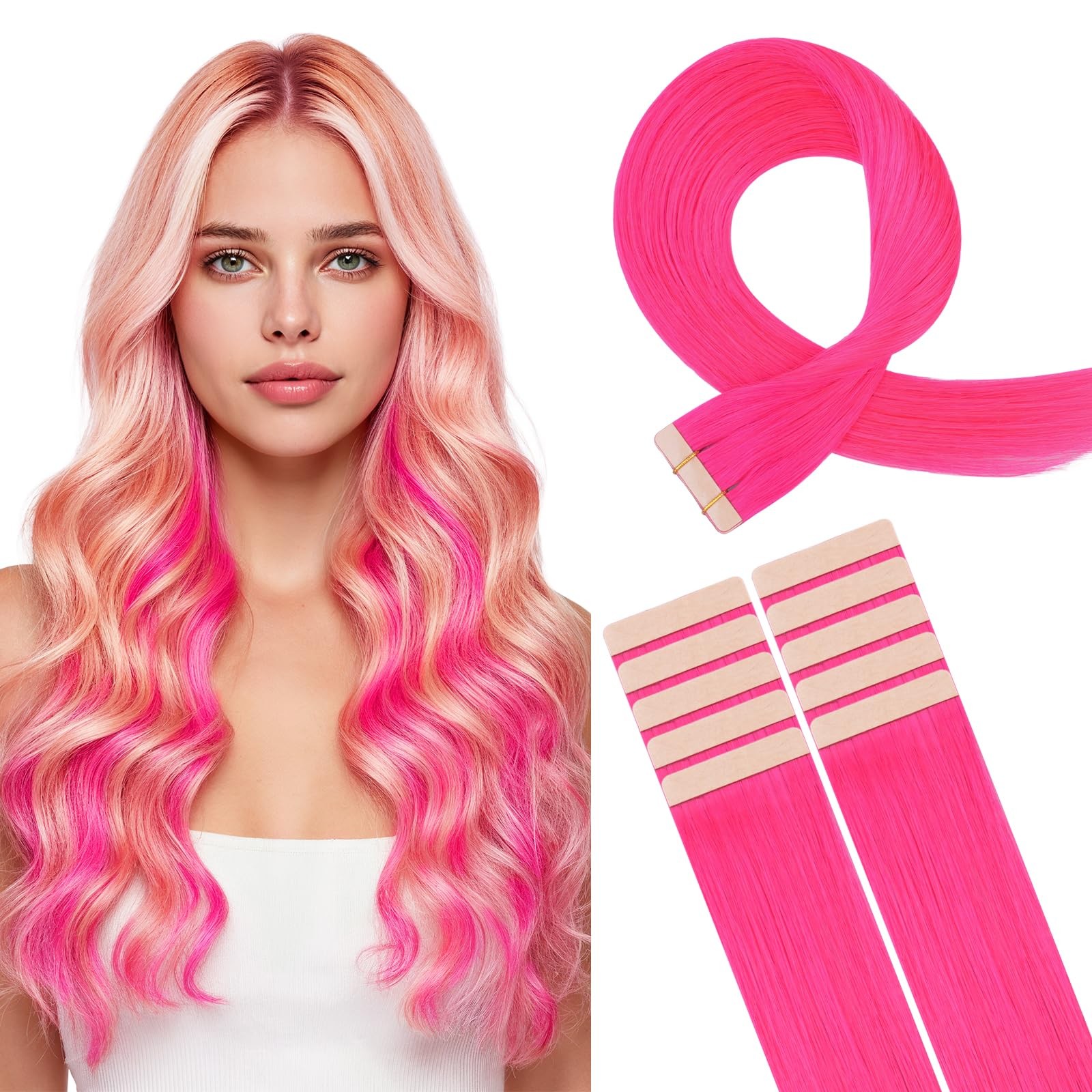 HOTBANANA 16″ Hot Pink Remy Tape in Hair Extensions 10pcs 25g Human Hair