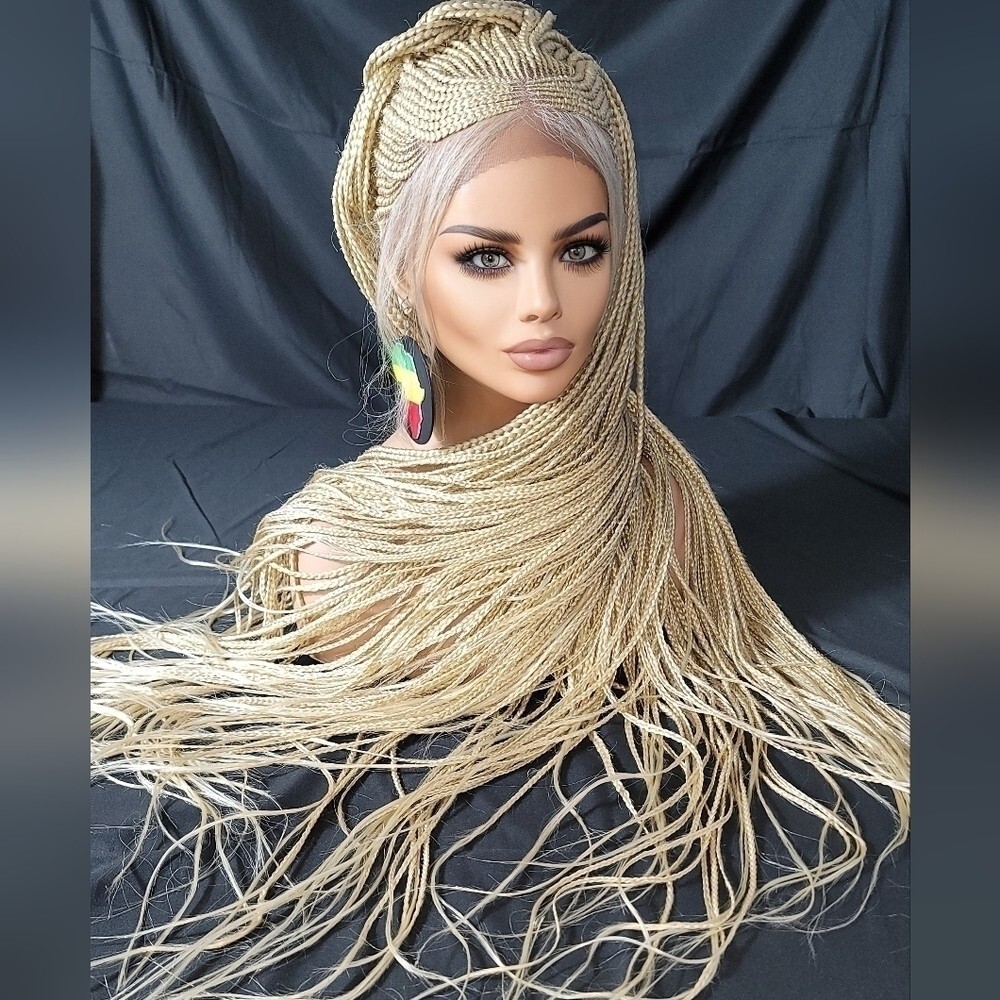 Braided Wig Full Lace 32″ Blonde Ombre Micro Braids Glueless Handmade NWT Long