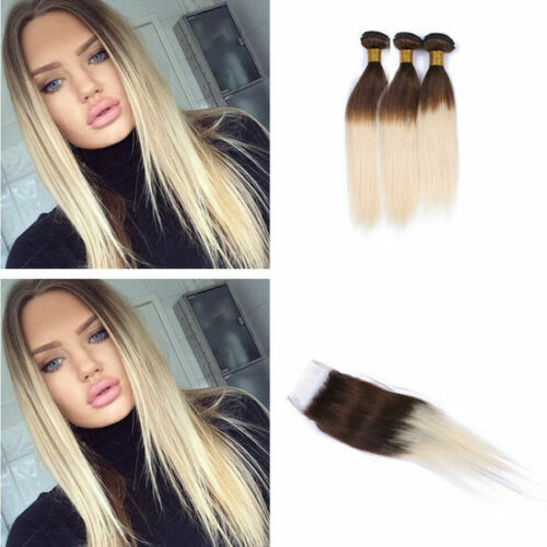 12A CAMBODIAN HUMAN HAIR WEFT 3/4BUNDLE+LACE TOP CLOSURE=FULL HEAD 4#/613 BLONDE