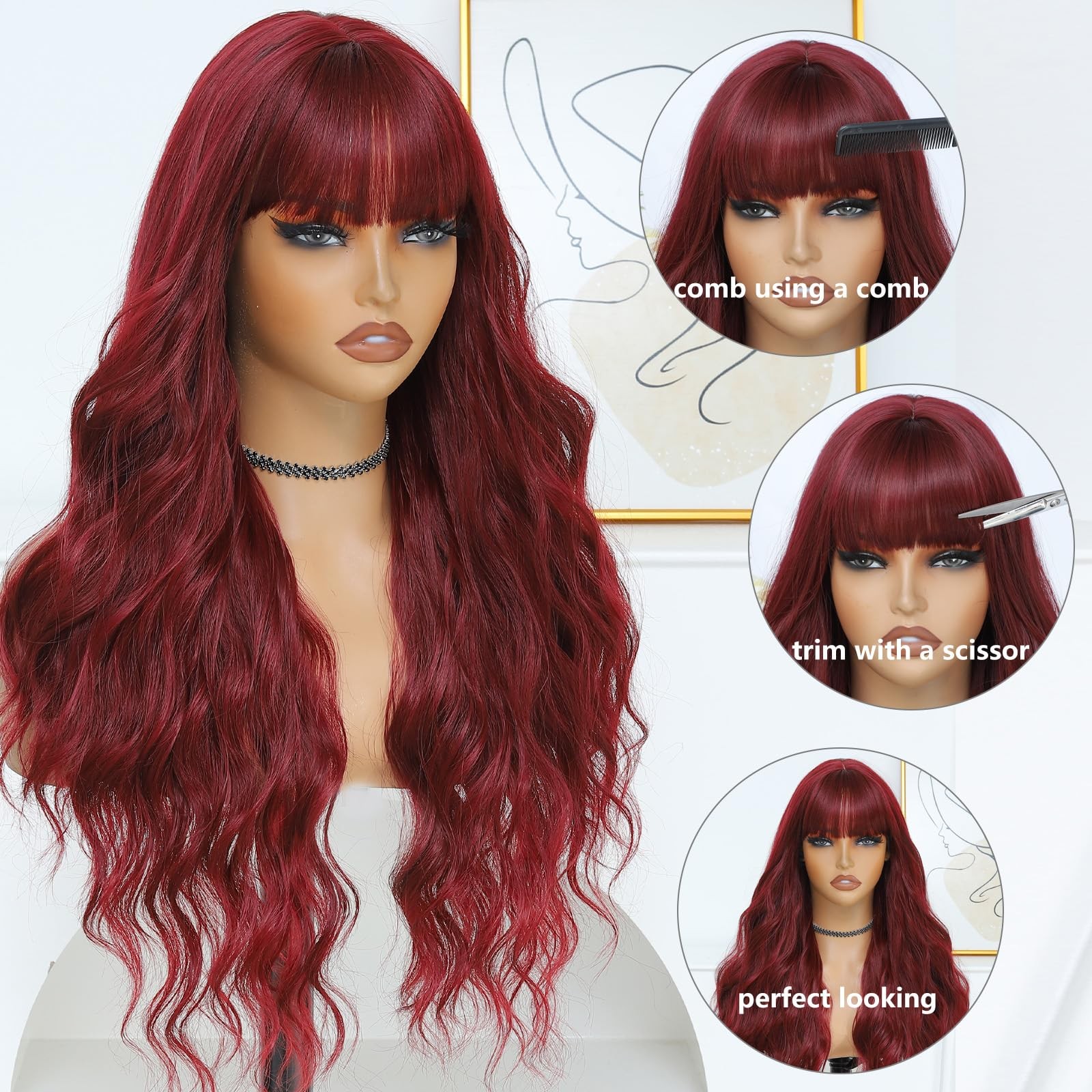 Burgundy Wig for Women, Long Red Wavy Wig with Bangs 26 Inch Wigs Natural Loo…