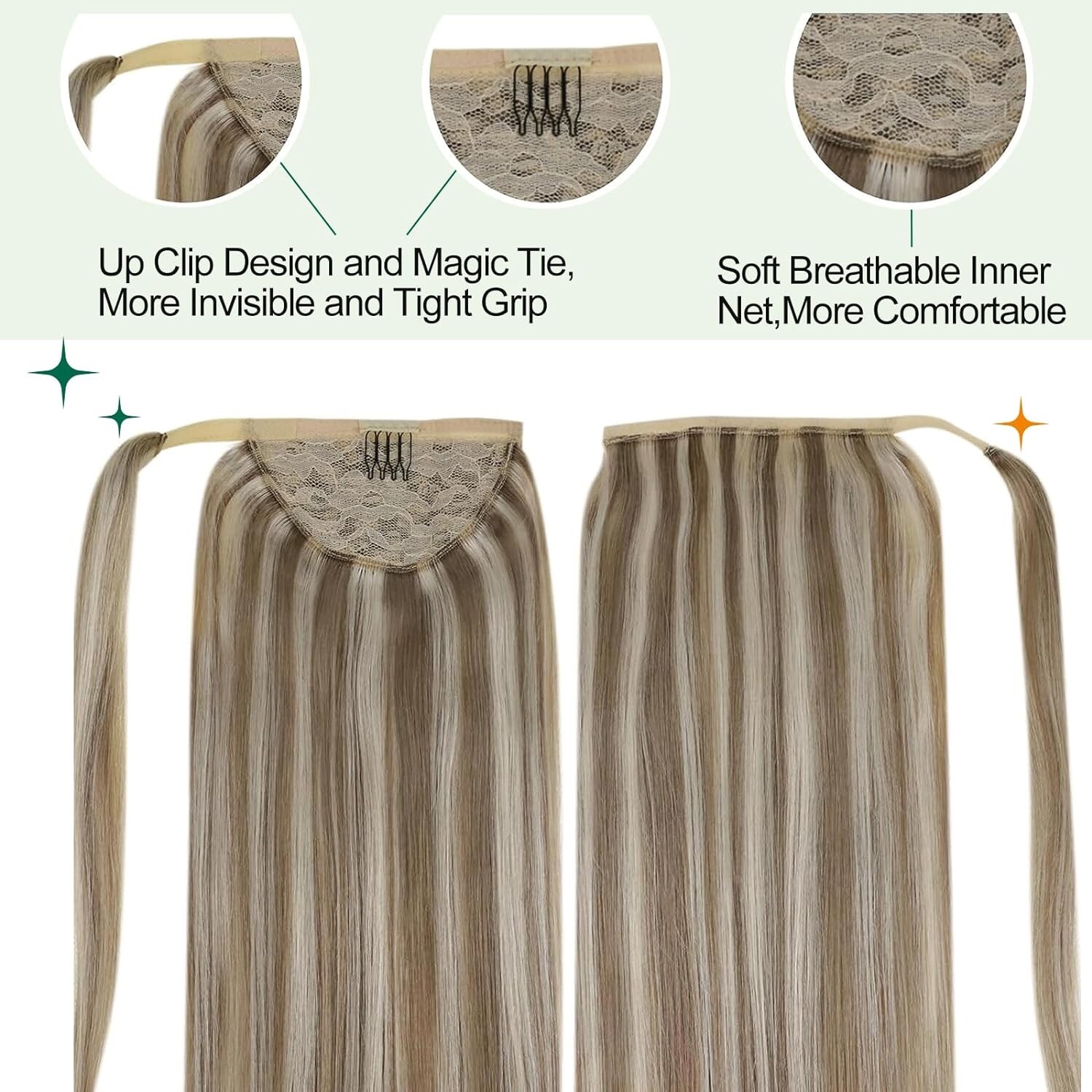 *EASYOUTH* PONY TAIL EXTENSION ‘HUMAN HAIR’ BLEACH BLONDE/ASH BROWN – 12″, 70G