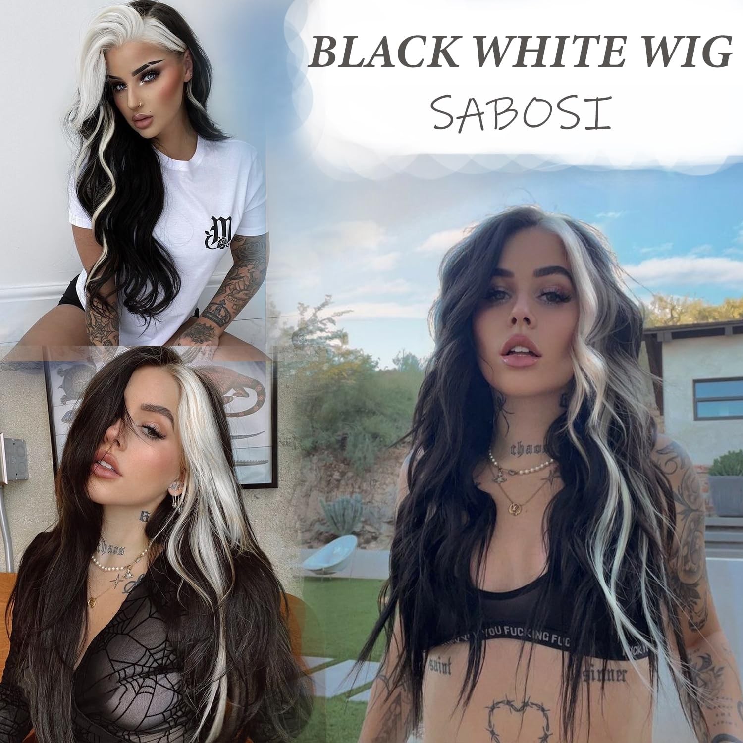 Long Wavy Black White Wigs for Women 26 Inch Middle Part Curly Wavy Wig Natur…