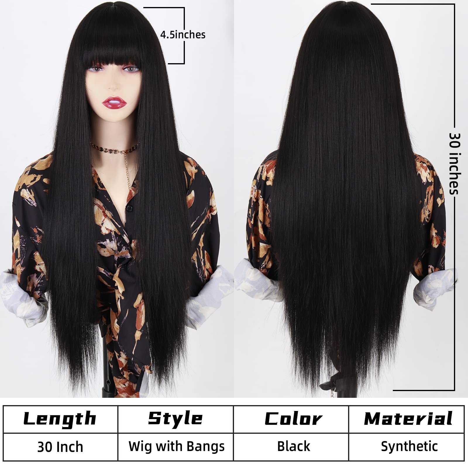 Long Black Wigs with Bangs, Straight Black Wigs for Women, Synthetic 30 Inch …