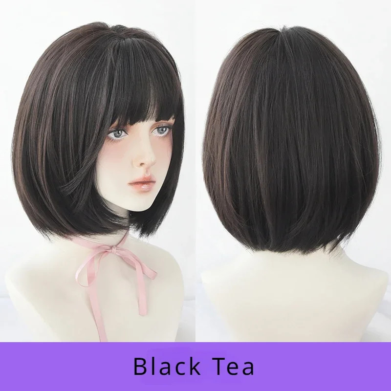 7JHH Short Chocolate Bob Wig Synthetic Straight Layered Wig with Bangs