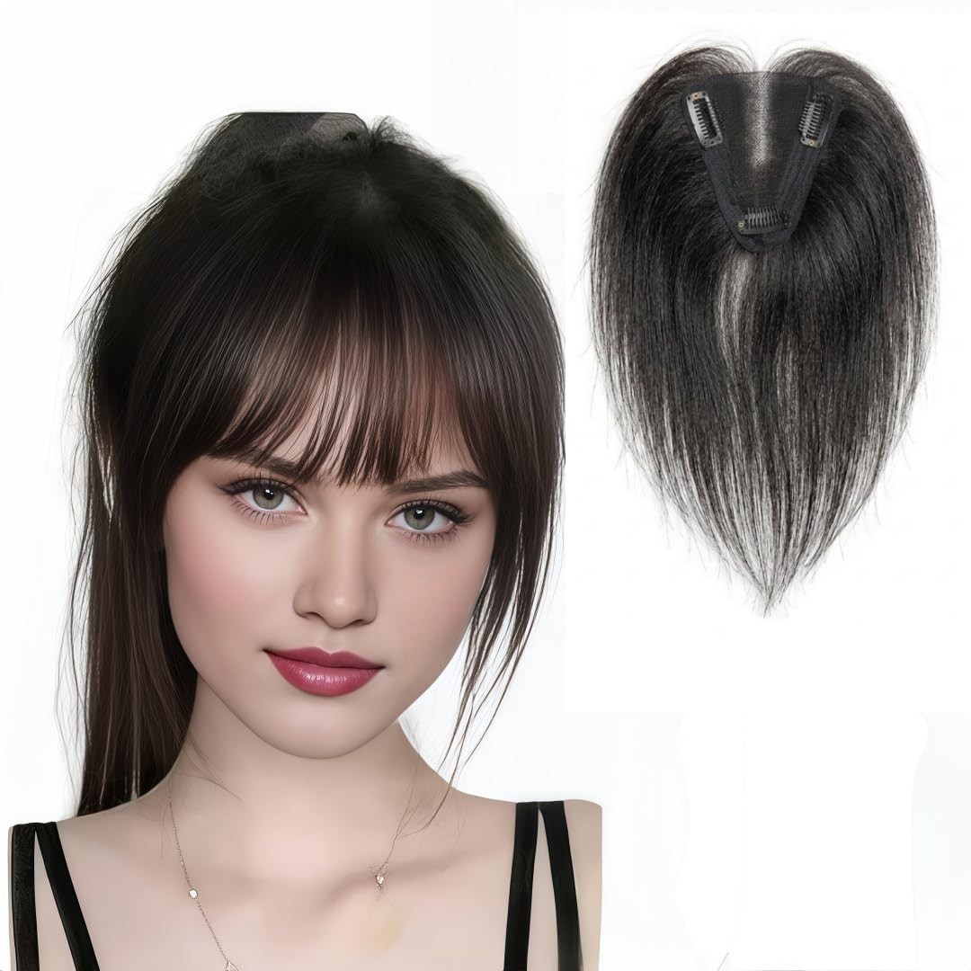 Hand-Tied Hair Topper with Bangs, Black