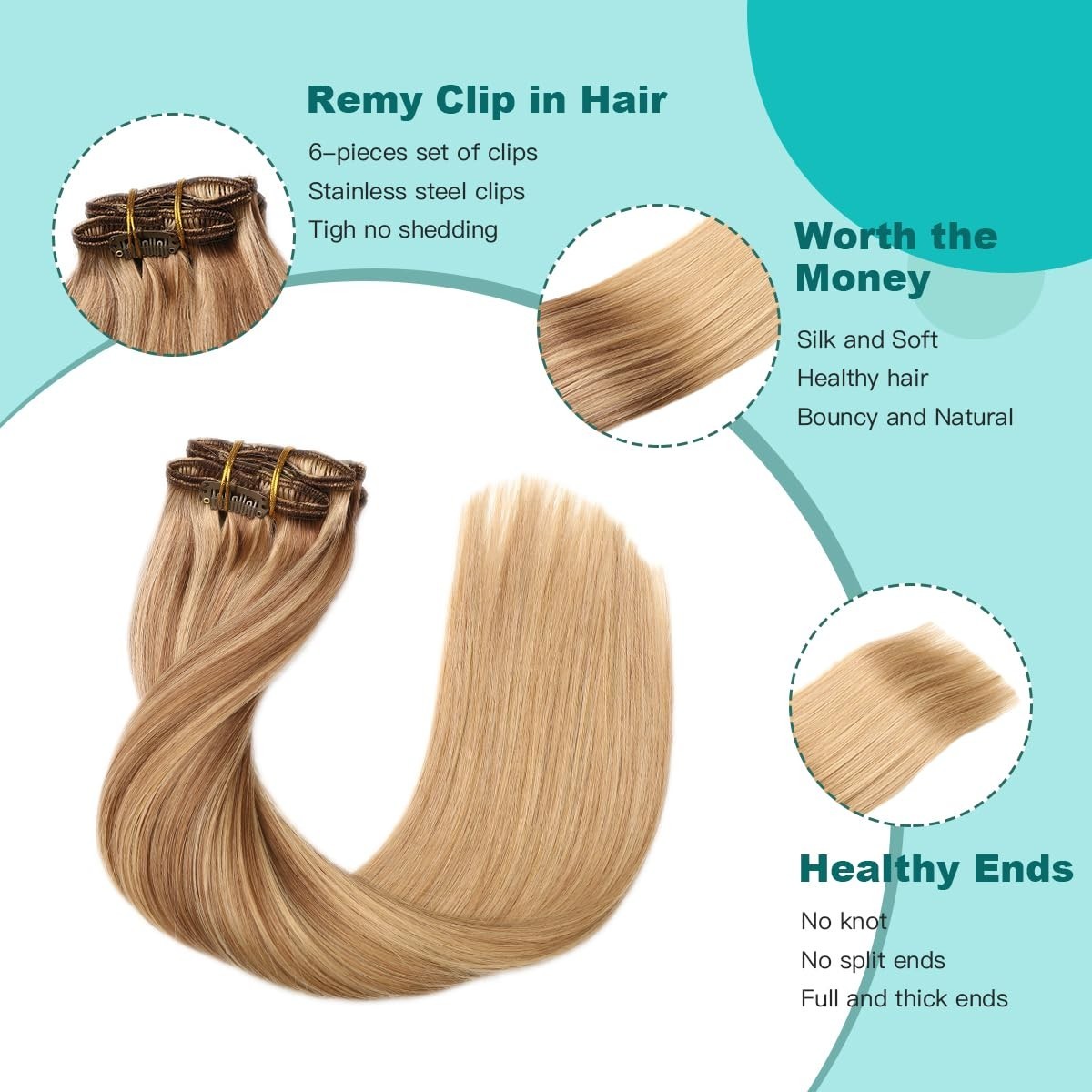 20″ Clip-in Human Hair Extensions Golden Brown to Honey Blonde Balayage 120g 6pc