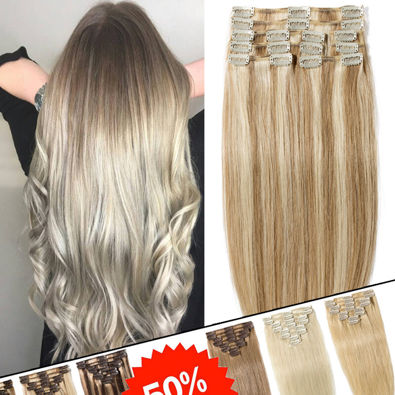 Highlight Clip In Real Remy 100% Human Hair Extensions Full Head 10″ 13″ 14″ 16″