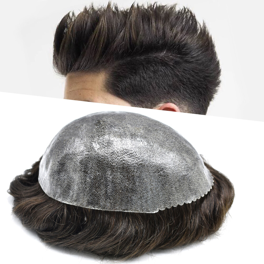 Mens Hair Replacement System Full Poly Thin Skin Toupee Units Human Hair Piece U