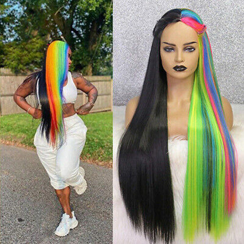 Half Black Blonde Red Half Rainbow Lace Front Wig Long Straight Synthetic T part
