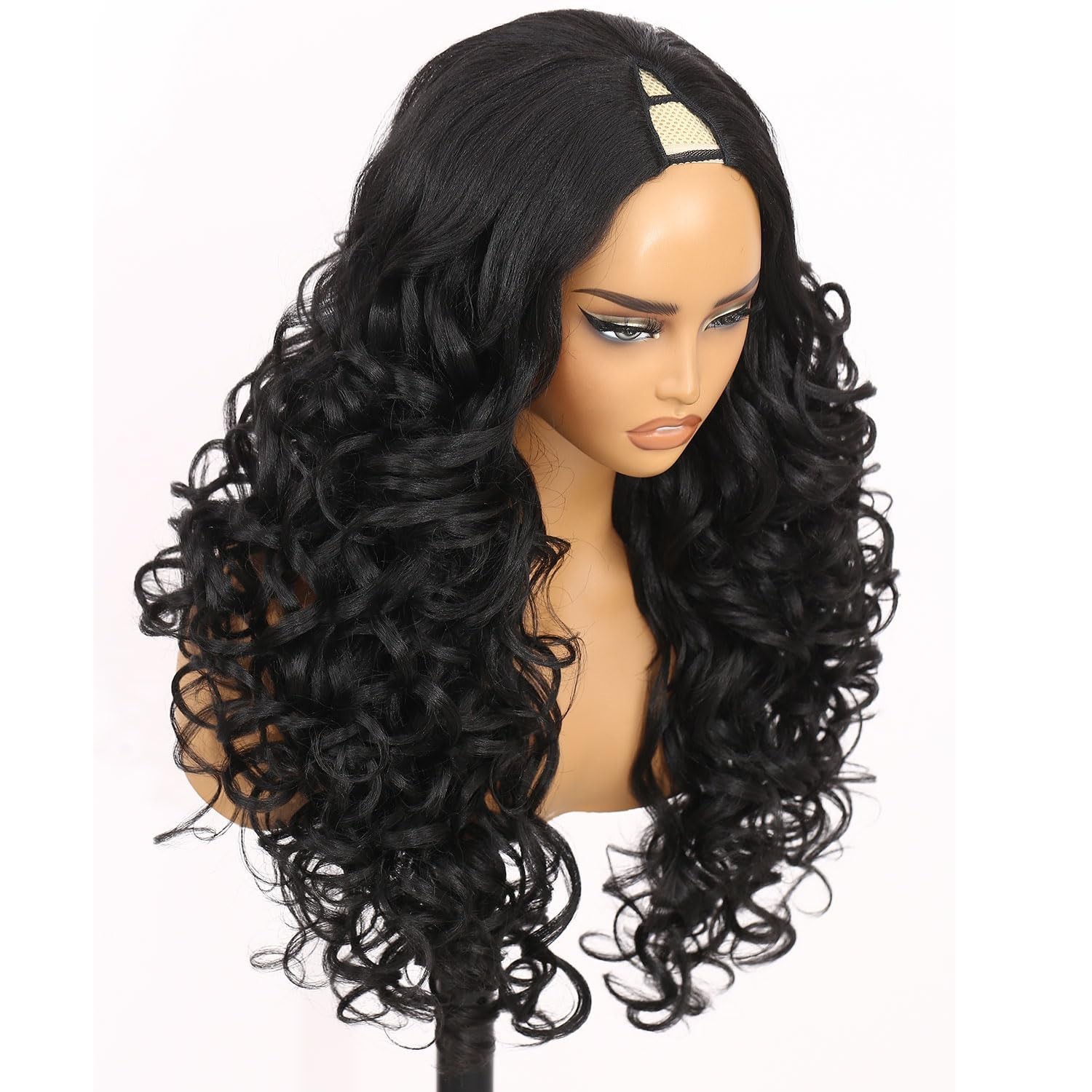 Synthetic V Part Wig Long Curly Black Yaki Half Wigs 26 Inch Curly Natural Black