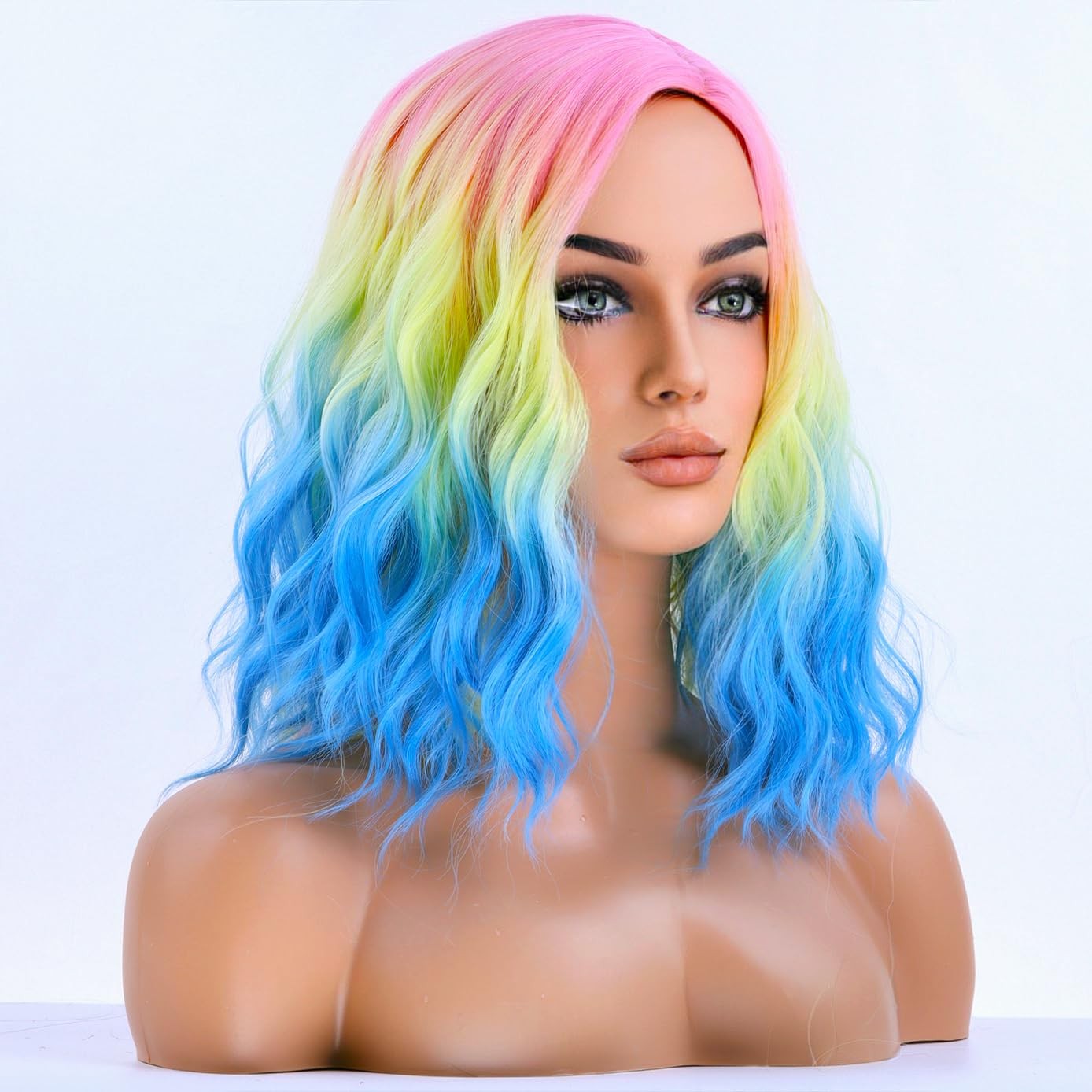 Rainbow Colored Wigs for Women Short Curly Wavy Girls Hair Wigs 14 Inch Ombre…