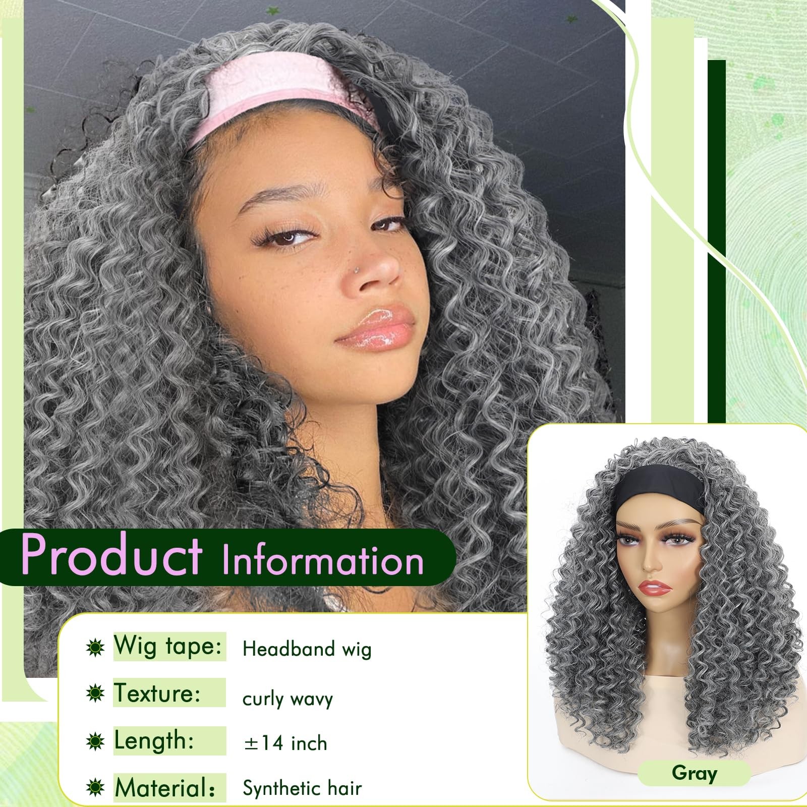 Curly Grey Headband Wigs for Black Women 14inch Short Salt and Pepper Headban…