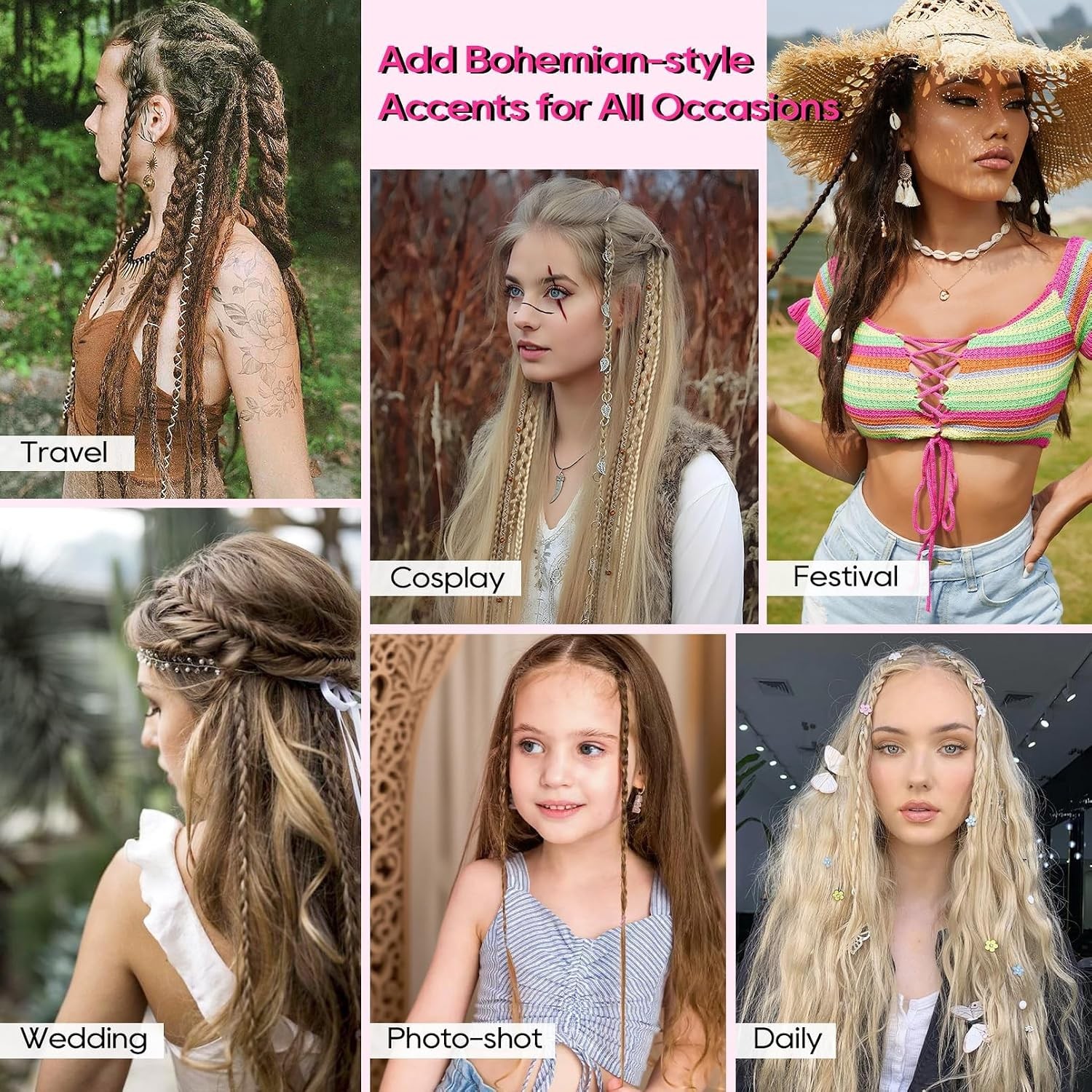 Clip in Braid Hair Extensions Women 20″ Boho Dreadlock Clip in Braids with Beads