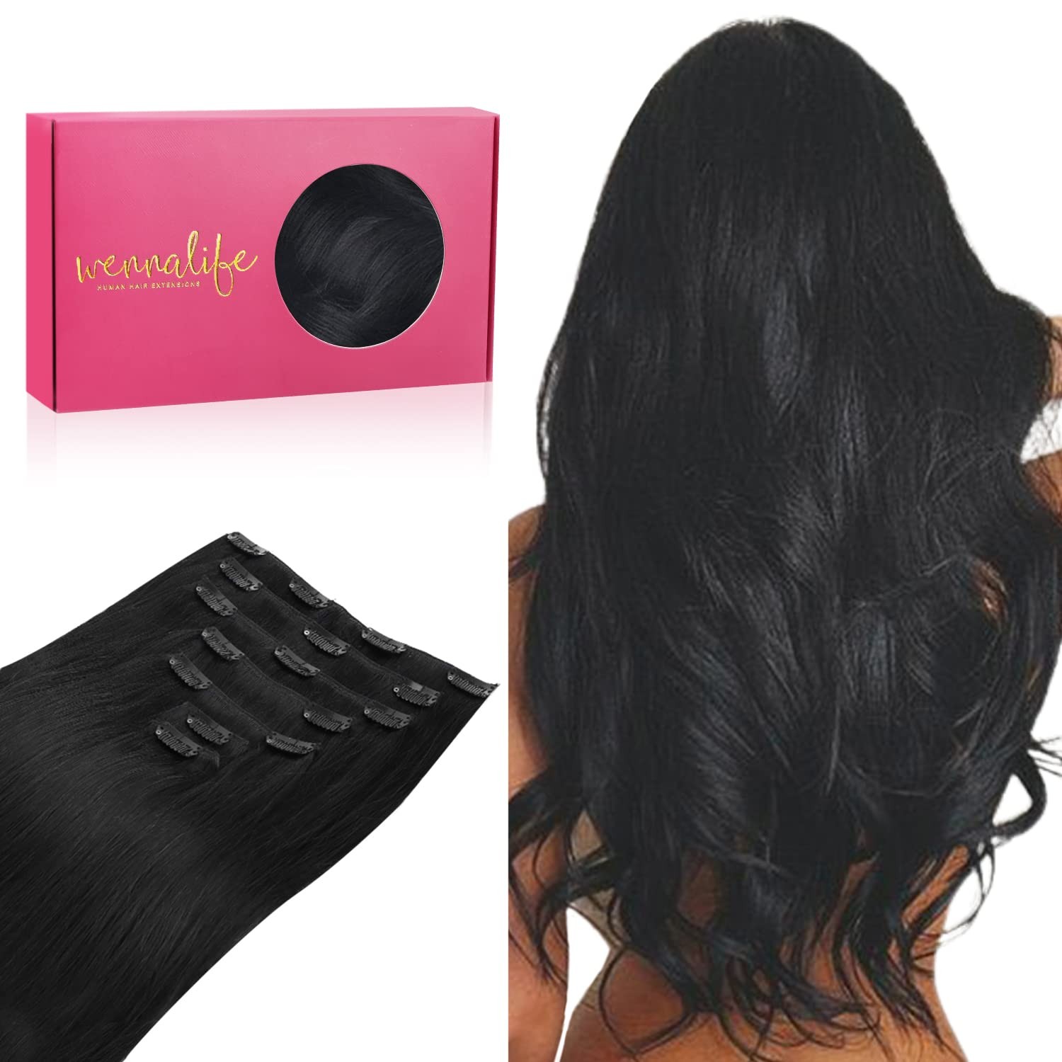 WENNALIFE Clip in Hair Extensions Real Human Hair, 18 Inch 120g 7pcs Jet Black H