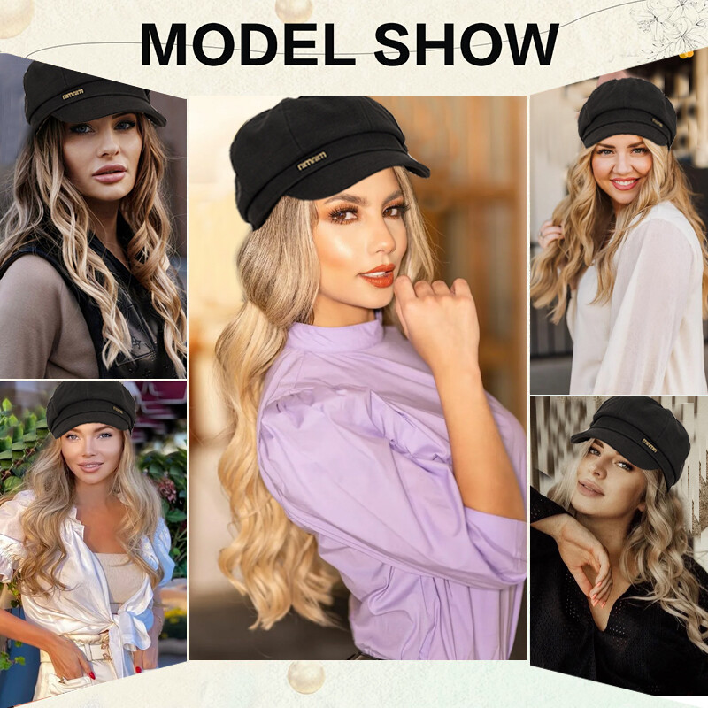 Beret Hat with Hair Extensions Wool Cap Attached 18” curly Hairpiece Synthetic