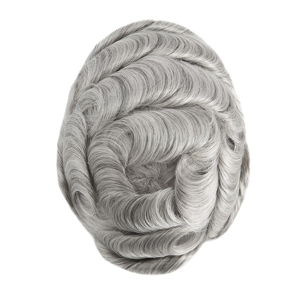 Mens Toupee French Lace Human Hair System Medium Density Grey Hair Pieces #1B80