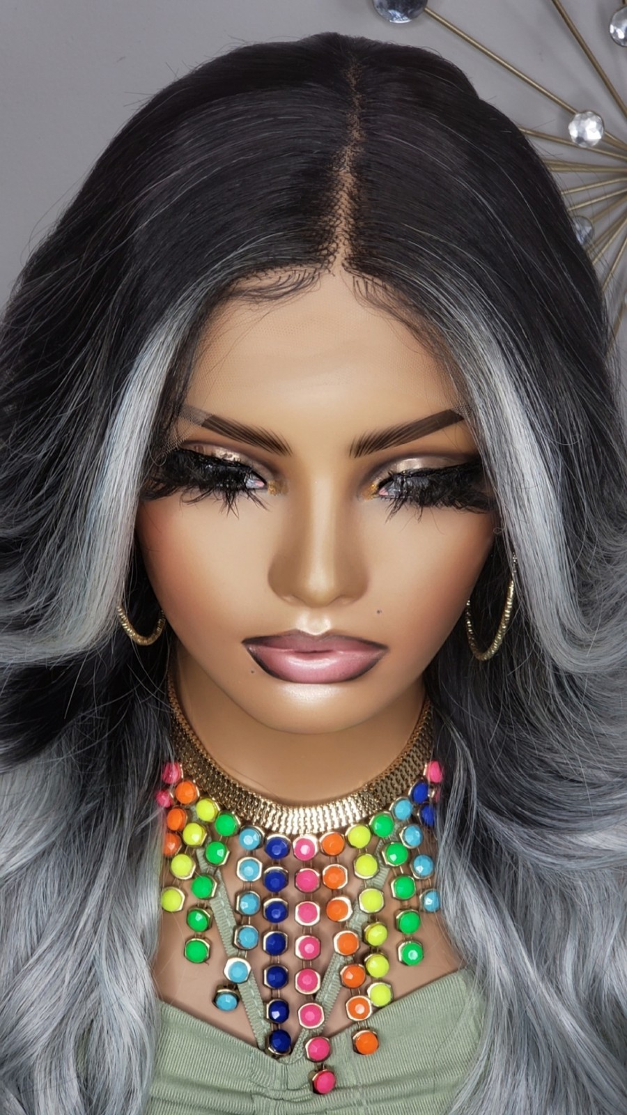 New Long Curly Money Piece Silver Gray Black Lace Front Wig Womens Wavy Style