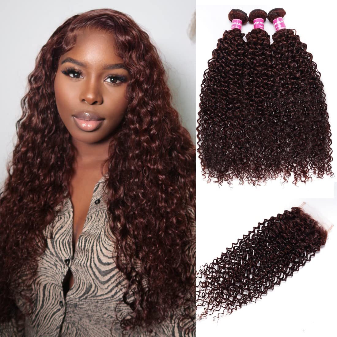 UNice Reddish Brown Curly Bundles with Lace Closure Human Hair Extensions Weaves