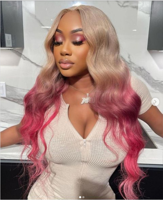 Women Long Slight Wave Blonde Rose Pink 13X1 T Part Lace Front Wig Synthetic Wig
