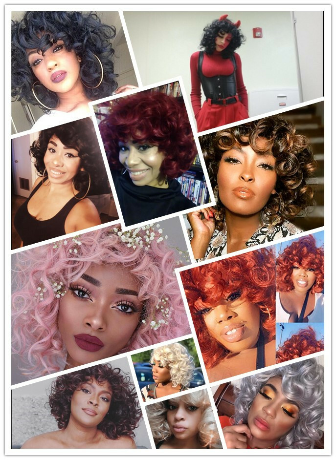 Short Curly Wig with Bangs for Black Women Big Bouncy Fluffy Natural Full Wigs