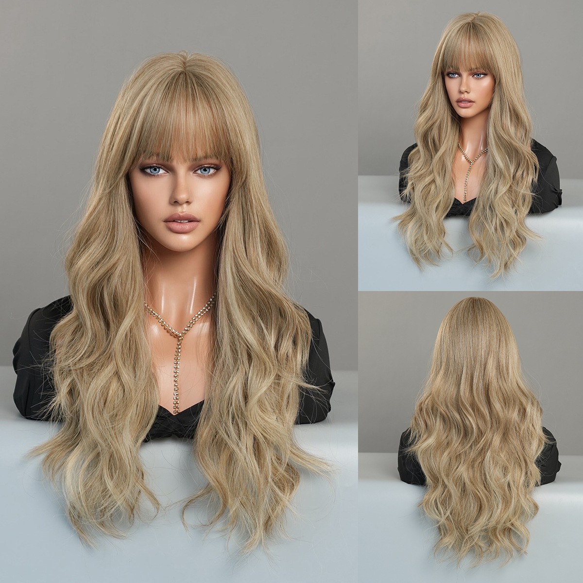 Synthetic Light Brown Long Wavy Wig with Bangs Natural Full Head Hairpiece for