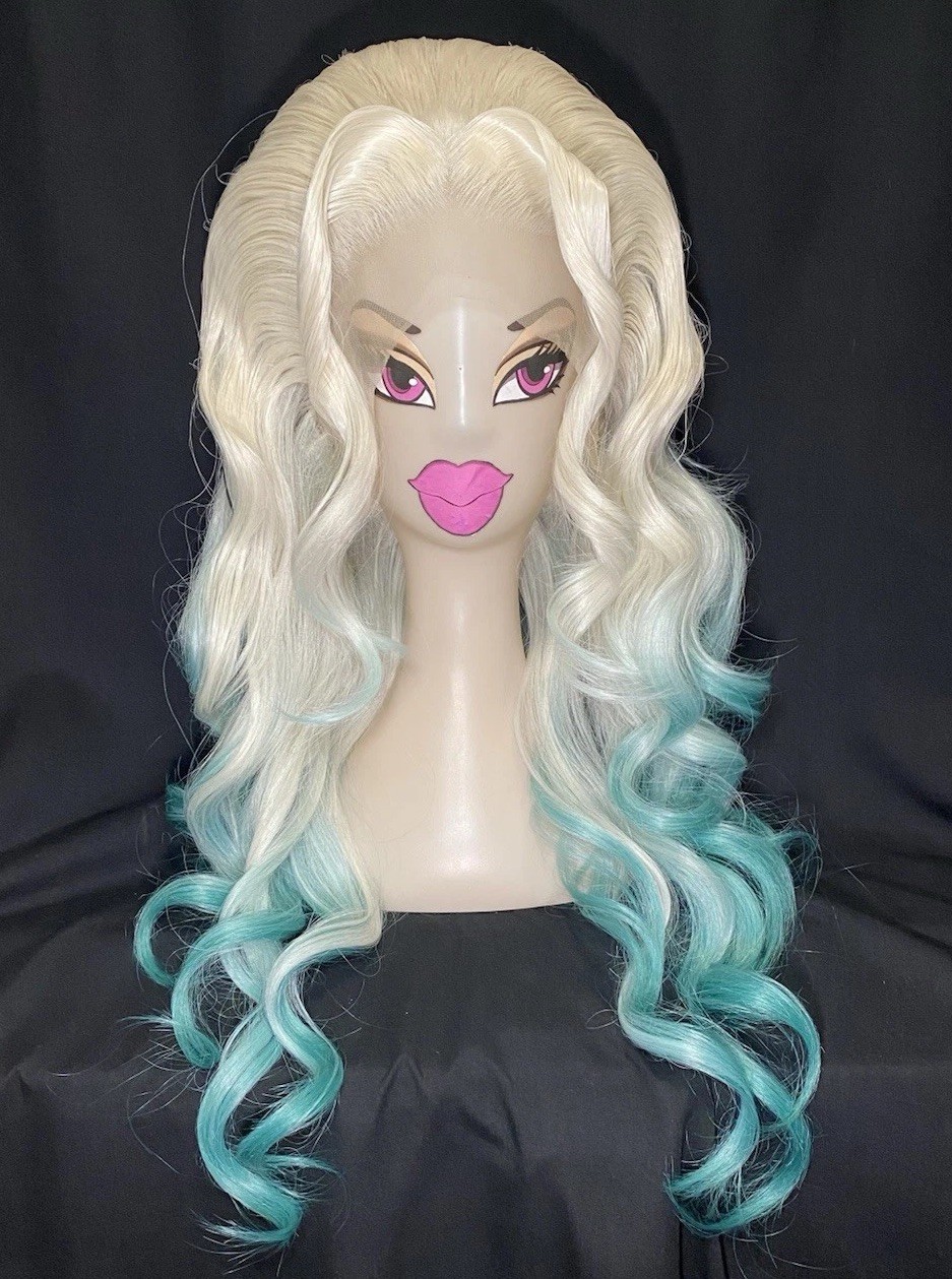 Teal Blue Green Mermaid Waves W/ Volume Synthetic Lace Front Wig For Drag Queens