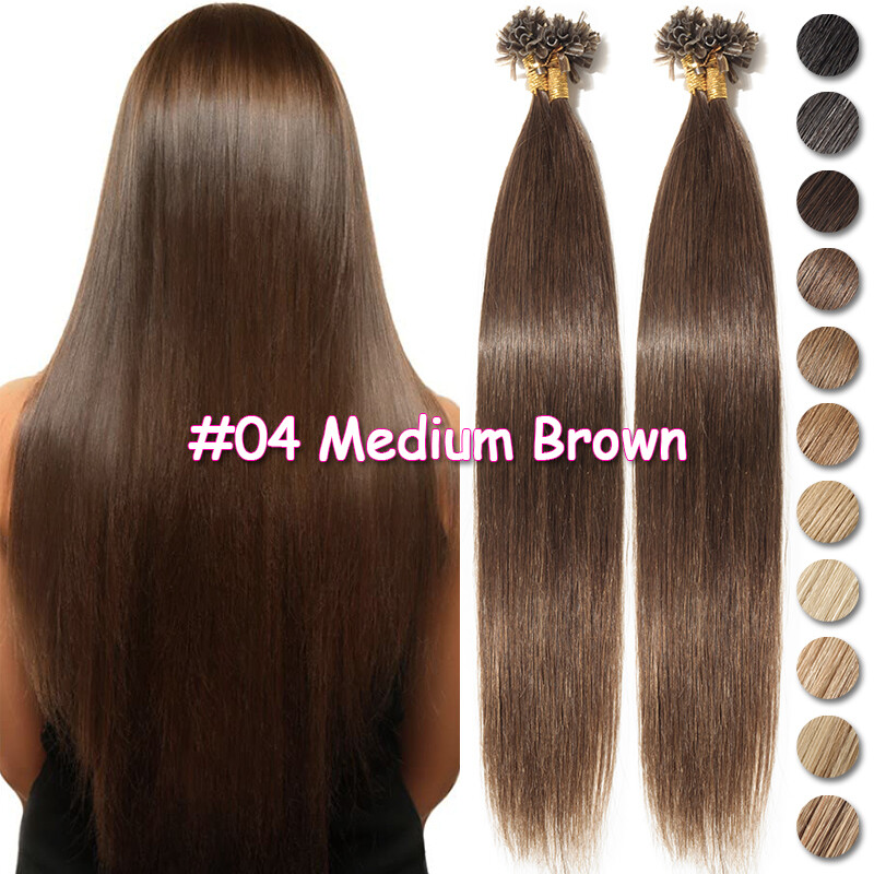 Glue Nail U Tip Real Remy Human Hair Extensions Keratin Fusion Full Head 150G