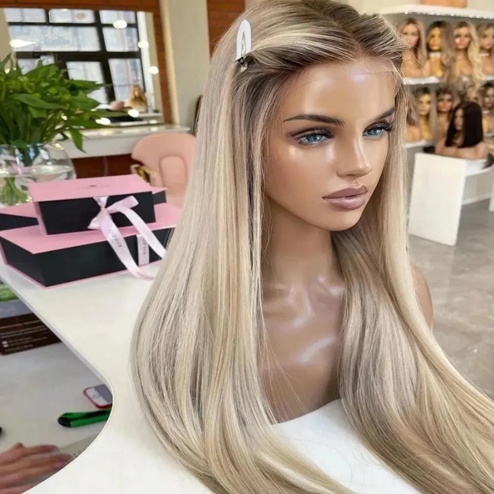 Women’s Long Straight Brown Blonde Ombre Color Hair 13×4 Pre Plucked Natural Wig