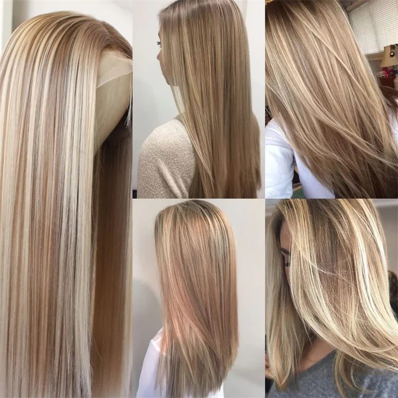 Long Straight Ash Beige Blonde Highlight Wigs Lace Front Wig for Women Daily