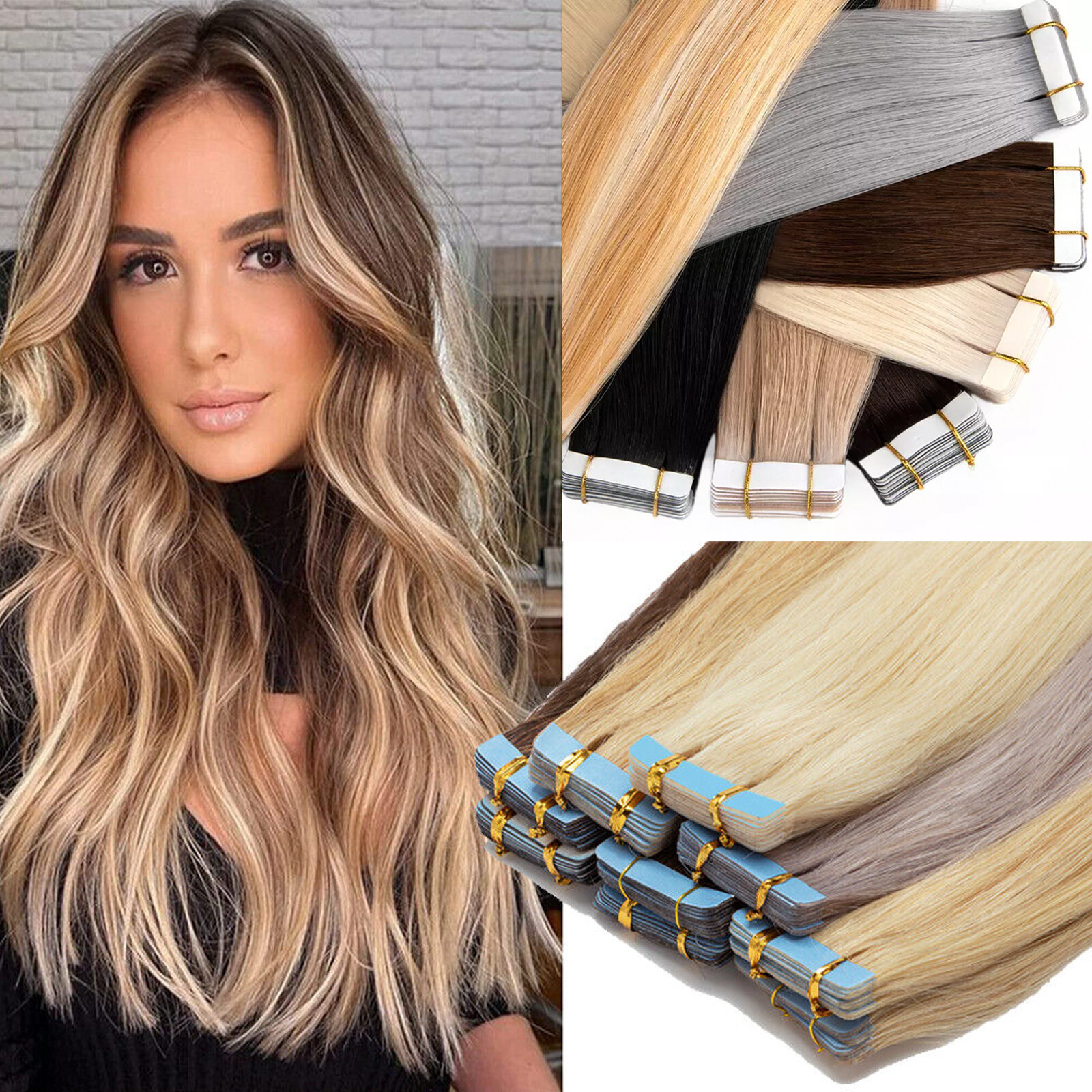 Seamless Tape in Human Hair Extensions Skin Wefts 100%Remy Hair Highlight Blonde