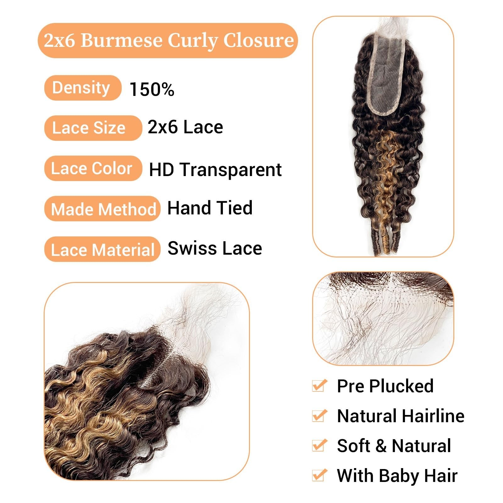 14″ 2×6 HD Lace Closure – P4/27 Highlight Burmese Curly Human Hair, Middle Part