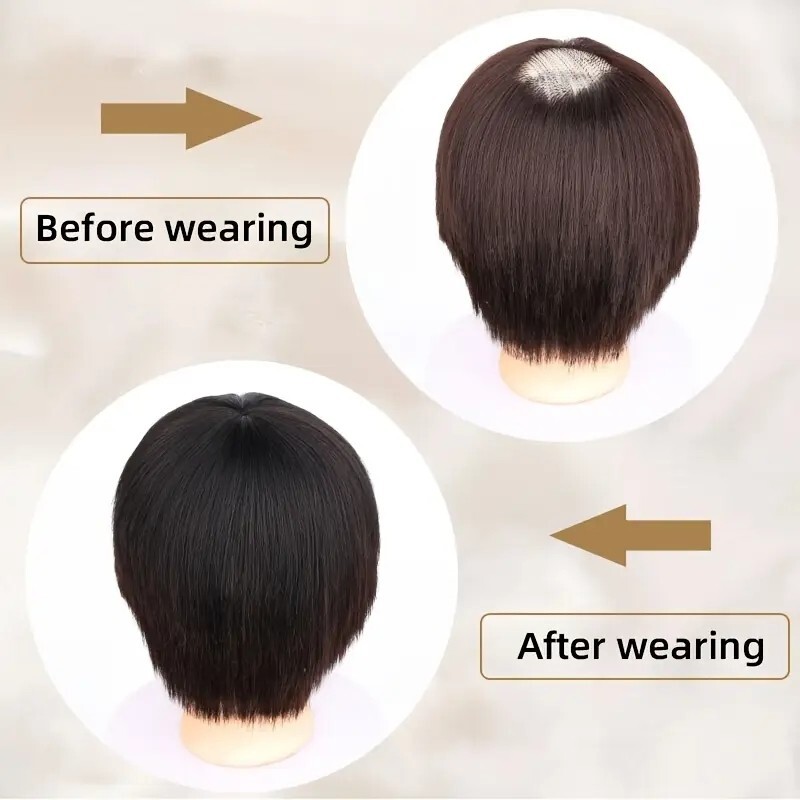 Women’s Human Hair Topper 6inch Round Short Straight Hairpiece Natural Look