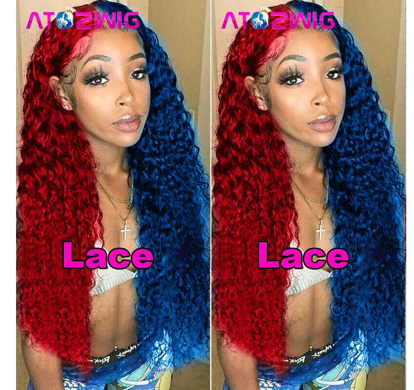 Long Curly Half Red and Blue Ombre Wave Fiber Lace Front Wig Natural Looking Wig