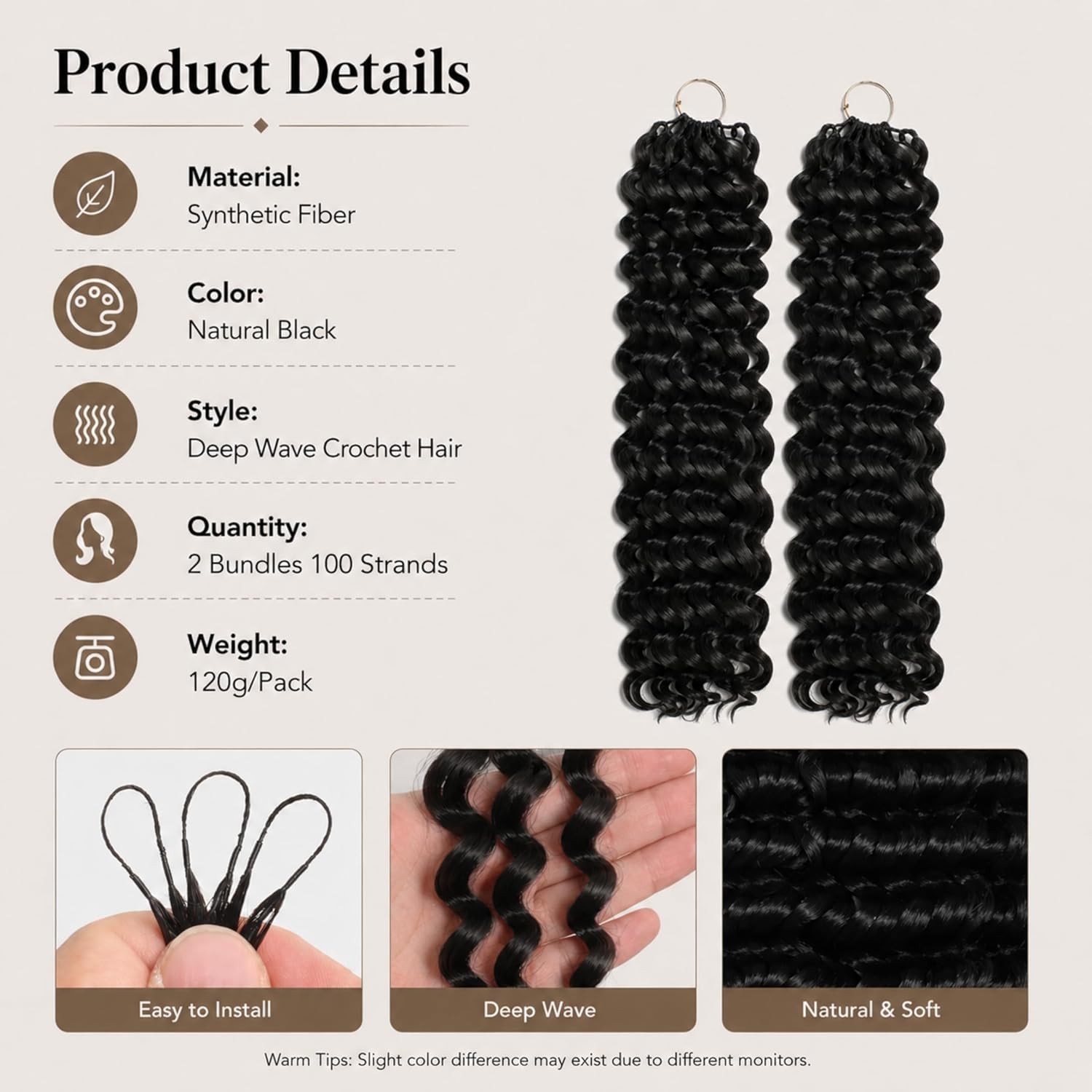 Miracle Knots Hair Deep Wave Texture, 120g 100 Strands Synthetic Fiber Feather C