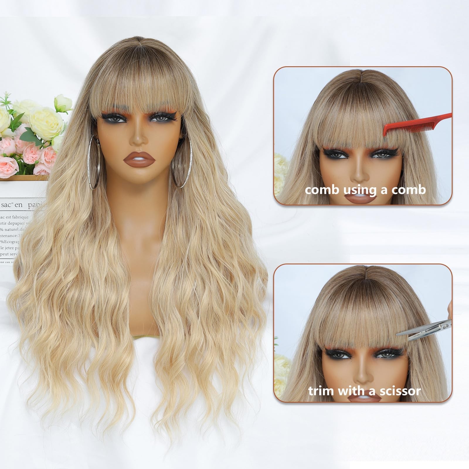 Blonde Wig with Bangs for Women 26 Inch Long Wavy Blonde Wigs Synthetic Heat …