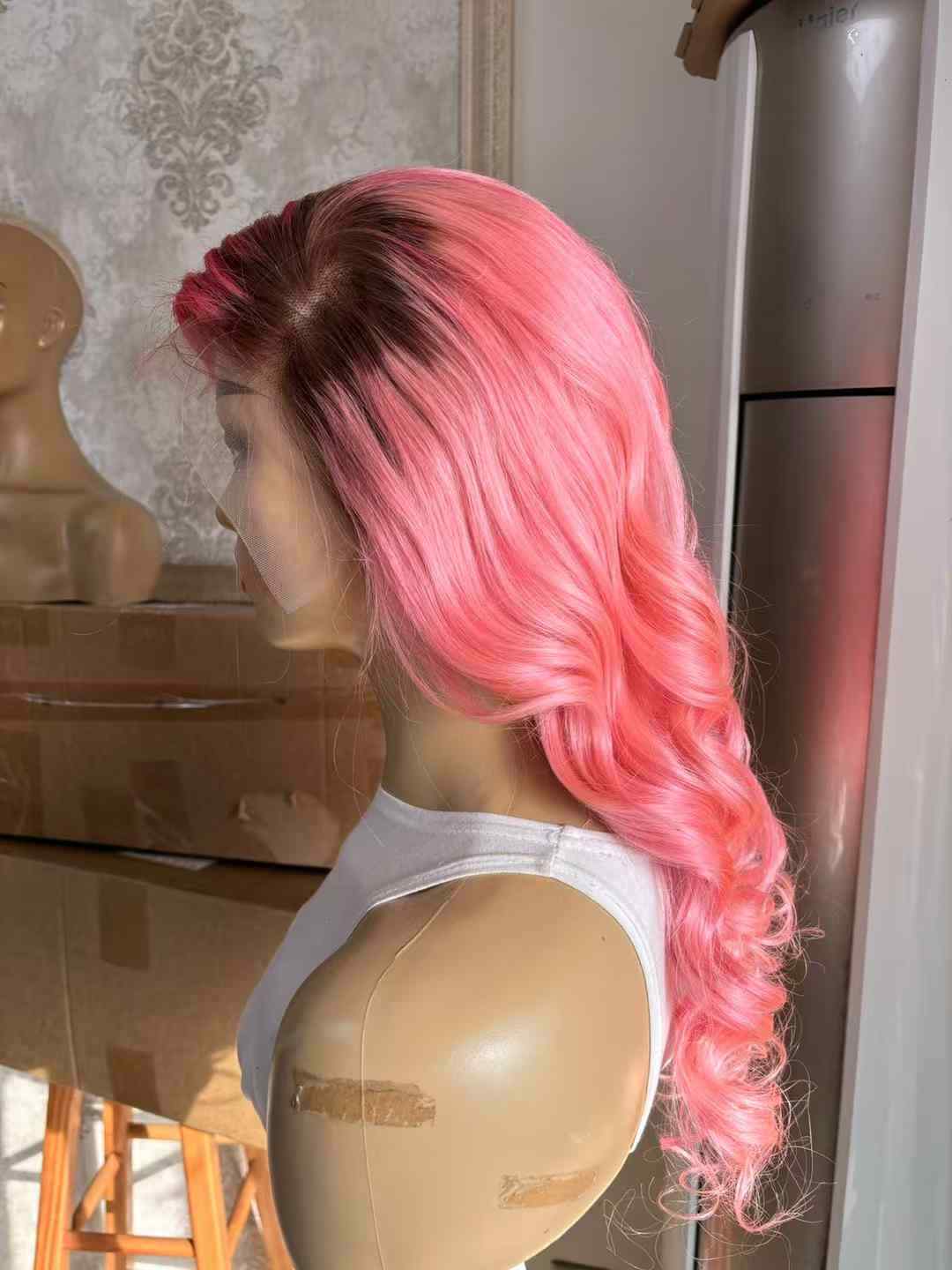 Brown Root Red With Pink Long Wavy Wig T Lace Front 100% Human Hair Wig Glueless