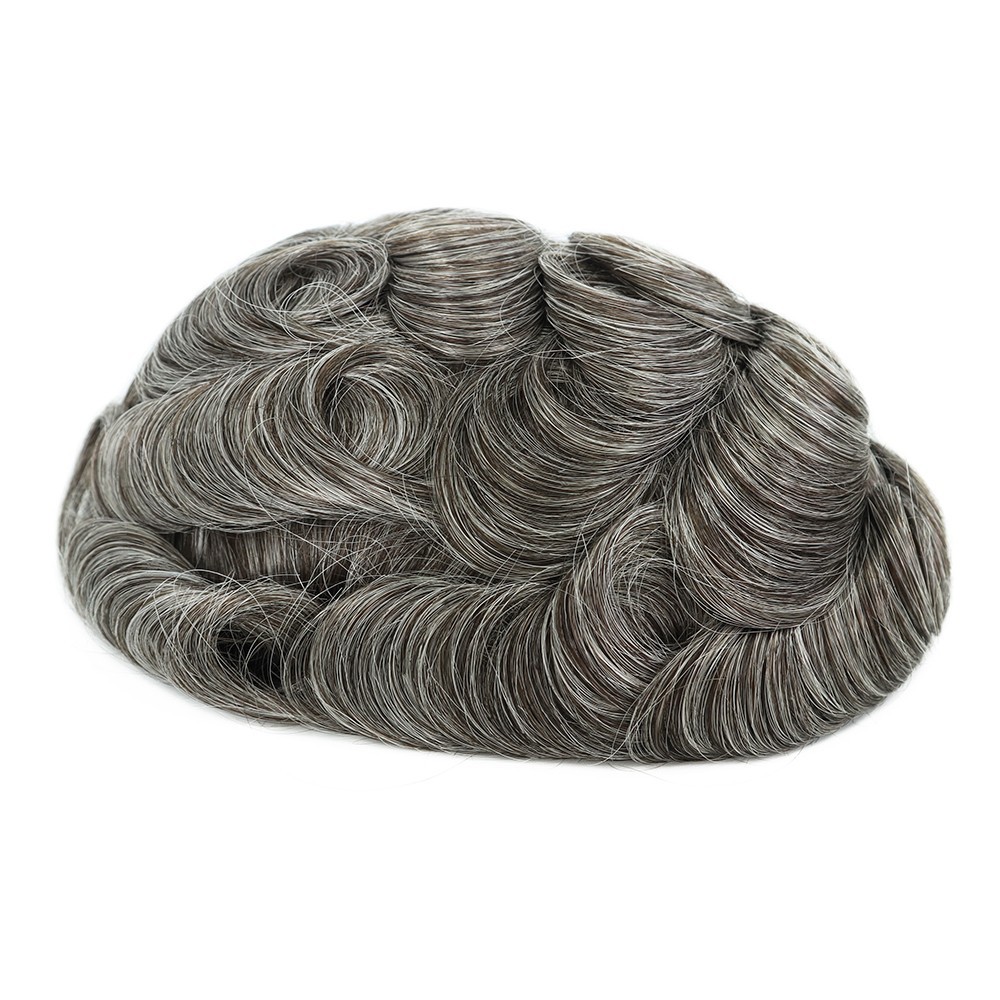 Mens Toupee HumanHair Replacement System Hairpiece 0.05mm Thin Skin Grey BIO#550