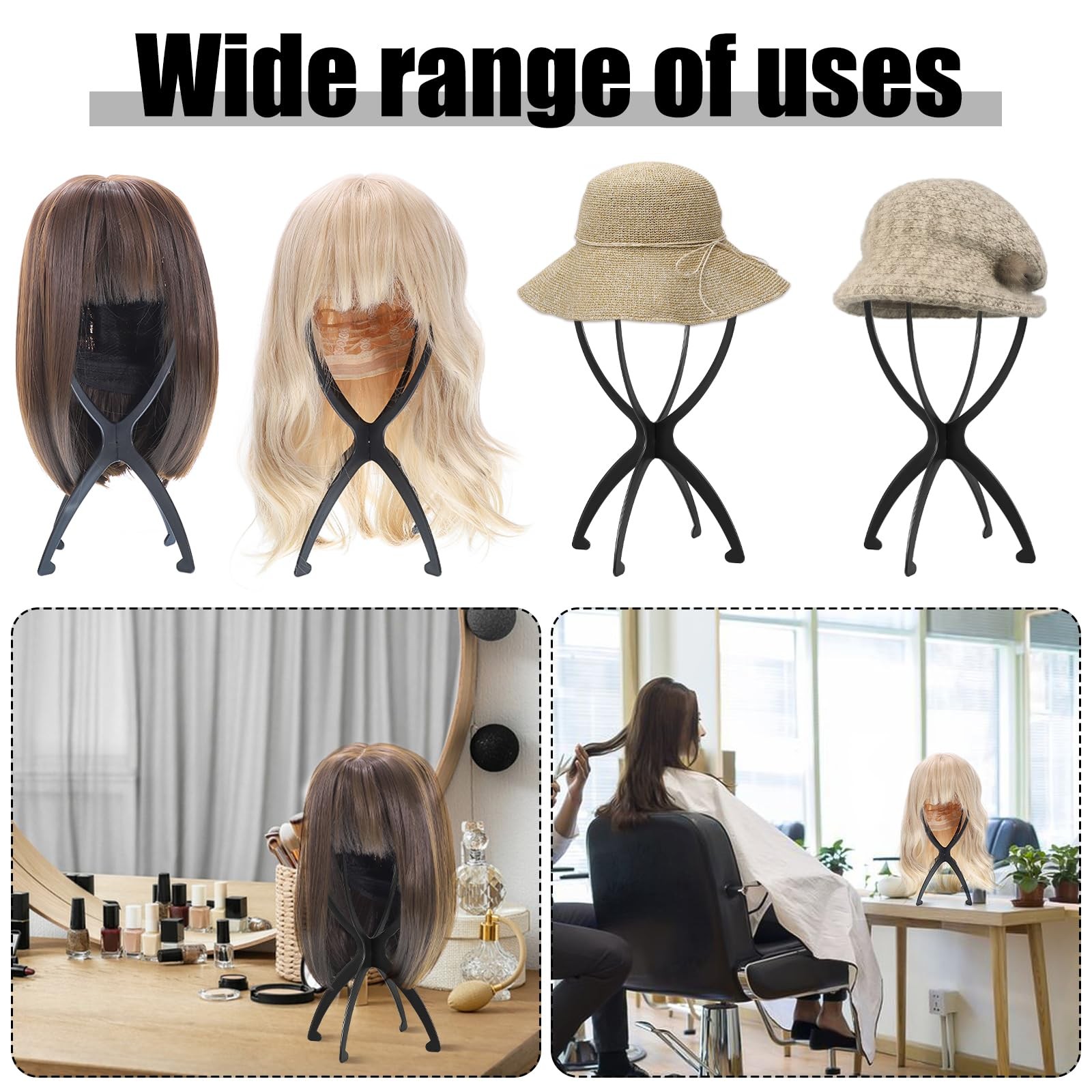 obeoby Wig Stand, Portable Holder Head Stand for All Wigs Black,6Pack